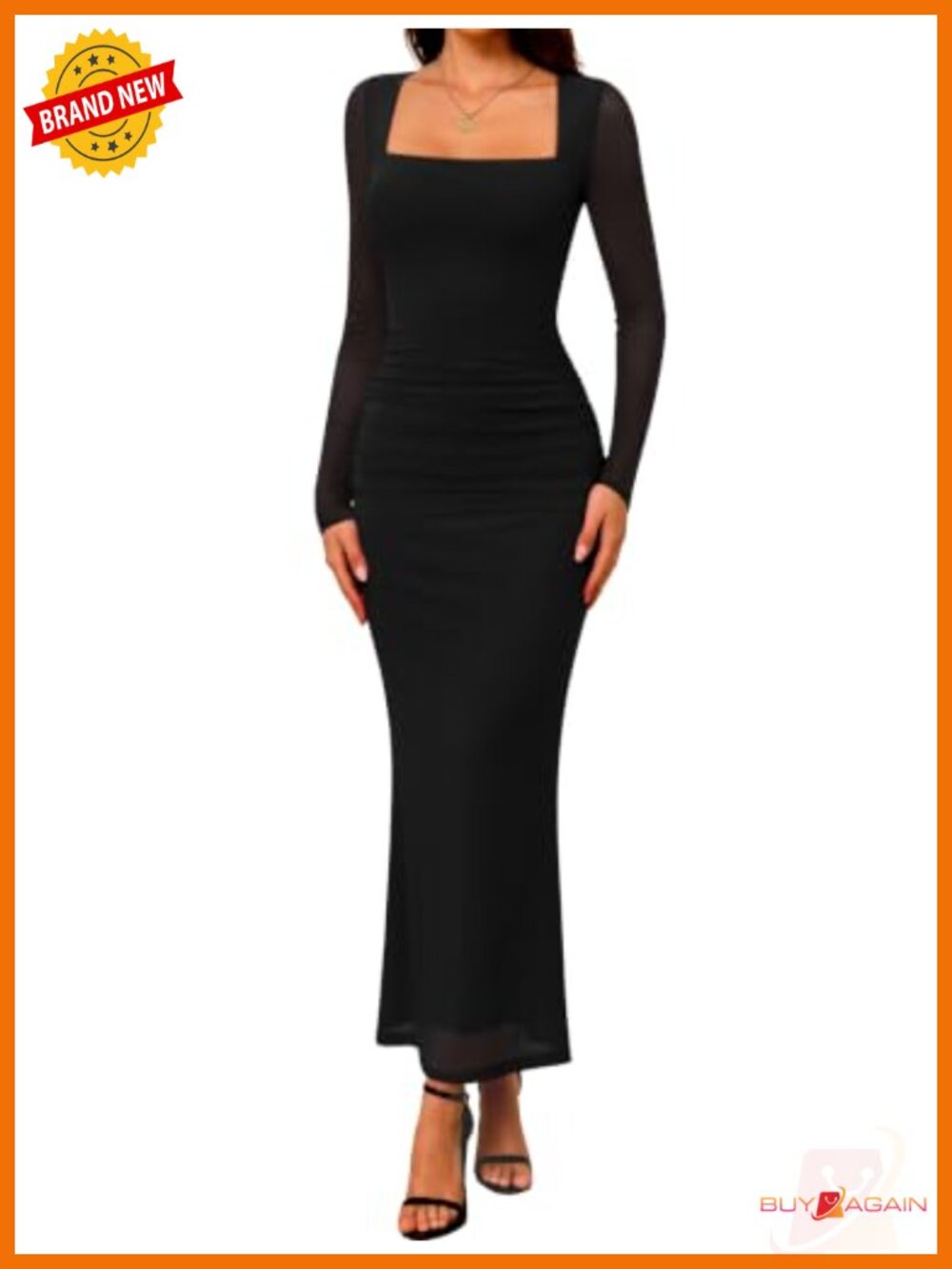 Women's Long Sleeve Sheer Mesh Bodycon Maxi Dress Square Neck Ruched